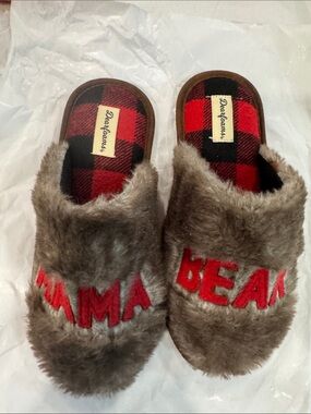 Dearfoams “Mama Bear” Faux Fur Buffalo Plaid Slippers
